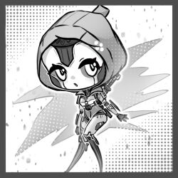 Rule 34 | 1girl, android, animification, apex legends, ash (titanfall 2), border, chibi, commentary, full body, grey border, greyscale, highres, hood, hood up, hooded leotard, leotard, looking to the side, meitian zao ba bu feng cai qiguai, monochrome, open hand, simulacrum (titanfall), solo, symbol-only commentary
