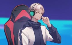 Rule 34 | 1boy, chair, fengtu ad, forehead, gaming chair, glasses, grin, headphones, highres, jacket, jersey, long sleeves, open mouth, short hair, sitting, smile, solo, swivel chair, tears of themis, teeth, vyn richter (tears of themis), white hair, white jacket, yellow eyes