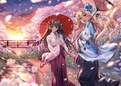 Rule 34 | 2girls, :d, black hakama, blush, brown hair, cherry blossoms, day, flower, green eyes, hair flower, hair ornament, hakama, hakama skirt, highres, holding, holding umbrella, japanese clothes, kimono, long hair, long sleeves, looking at viewer, multiple girls, oil-paper umbrella, open mouth, original, outdoors, own hands together, piromizu, red eyes, red flower, red hakama, red umbrella, river, skirt, smile, stitched, sunset, third-party edit, umbrella, wide sleeves