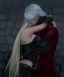 Rule 34 | 1boy, 1girl, blonde hair, blue eyes, breasts, couple, dante (devil may cry), devil may cry (series), good end, hetero, hug, leather, lowres, trish (devil may cry)