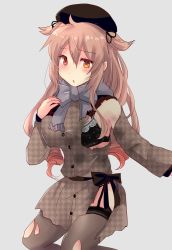Rule 34 | 1girl, absurdres, beret, black bra, black hat, black pantyhose, bra, breasts, brown coat, coat, commentary request, gradient hair, grey background, grey scarf, hat, heterochromia, highres, hirune (konekonelkk), kantai collection, large breasts, light brown hair, long hair, multicolored hair, murasame (kancolle), murasame kai ni (kancolle), pantyhose, red eyes, scarf, simple background, solo, torn clothes, two side up, underwear, unmoving pattern, winter clothes