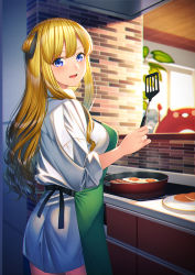 Rule 34 | 1girl, alternate costume, apron, ass, bacon, blonde hair, breasts, collared shirt, cooking, cowboy shot, double bun, egg, egg (food), egg yolk, enemy lifebuoy (kancolle), fletcher (kancolle), food, frying pan, green apron, hair bun, holding, holding spatula, kantai collection, kitchen, large breasts, long hair, looking at viewer, looking back, pancake, plate, purple eyes, shirt, spatula, stove, sunny side up egg, unowen