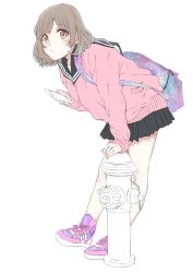 Rule 34 | 1girl, backpack, bag, black sailor collar, black skirt, blush, brown hair, cardigan, cellphone, closed mouth, earrings, fire hydrant, full body, highres, holding, holding phone, hrk173, jewelry, leaning forward, long sleeves, looking at viewer, miniskirt, original, phone, pink cardigan, pleated skirt, pocket, purple footwear, sailor collar, school uniform, shoes, short hair, simple background, skirt, sleeves past wrists, solo, standing, stud earrings, white background, yellow eyes