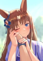 Rule 34 | 1girl, 1other, animal ears, blue eyes, blurry, blurry background, blush, brown hair, closed mouth, commentary request, ear ornament, grass wonder (umamusume), hand on another&#039;s cheek, hand on another&#039;s face, highres, holding hands, horse ears, horse girl, long hair, multicolored hair, one eye closed, outdoors, pov, purple shirt, school uniform, shirt, smile, solo focus, solokitsune, streaked hair, tracen school uniform, umamusume, upper body, white hair, wristband