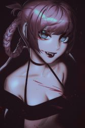Rule 34 | 1girl, absurdres, bare shoulders, black choker, blood, blood on clothes, blood on face, blood splatter, blue eyes, breasts, choker, collarbone, commentary request, constricted pupils, dnaitari, eyeshadow, fang, female focus, hair rings, halterneck, highres, lips, looking at viewer, makeup, medium breasts, nanakusa nazuna (yofukashi no uta), off shoulder, open mouth, pink hair, ringed eyes, sharp teeth, short hair, solo, teeth, upper body, upper teeth only, vampire, yofukashi no uta