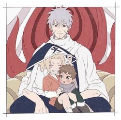 Rule 34 | 1girl, 2boys, artist request, blonde hair, brother and sister, brown hair, closed eyes, family, grey hair, looking at viewer, multiple boys, naruto (series), nawaki (naruto), non-web source, senju tobirama, short hair, siblings, smile, tsunade (naruto), uncle and nephew, uncle and niece