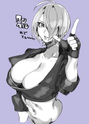 Rule 34 | 1girl, ahoge, angel (kof), bad id, bad twitter id, breasts, cleavage, female focus, fingerless gloves, gloves, hair over one eye, hohehohe, huge breasts, large breasts, looking at viewer, midriff, parted lips, short hair, smile, solo, the king of fighters, upper body