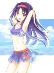 Rule 34 | 10s, 1girl, :d, armpits, arms behind head, bad id, bad pixiv id, bikini, bikini top only, cowboy shot, gradient background, hairband, long hair, looking at viewer, open mouth, purple hair, red eyes, rmimosa, skirt, smile, solo, swimsuit, sword art online, yuuki (sao)