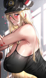 Rule 34 | 1girl, absurdres, armpits, azur lane, bare arms, bare shoulders, bismarck (azur lane), black tank top, blonde hair, blue eyes, blush, breasts, crossed arms, hair between eyes, hat, heart, highres, kome cola, large breasts, leaning forward, lips, long hair, looking at viewer, looking to the side, nail polish, peaked cap, red nails, sideboob, solo, sweat, tank top, very long hair