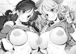 Rule 34 | 2girls, asymmetrical docking, breast press, breasts, clenched teeth, closed mouth, clothes lift, commentary request, dragon ball, dragon ball (classic), dual persona, fingerless gloves, gloves, greyscale, hairband, large breasts, lifted by self, long hair, looking at viewer, lunch (bad) (dragon ball), lunch (dragon ball), lunch (good) (dragon ball), monochrome, multiple girls, nipples, shirokuma (nankyoku), shirt lift, smile, teeth, upper body