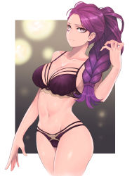 Rule 34 | 1girl, bare arms, bare shoulders, blurry, blurry background, border, bra, braid, breasts, cleavage, closed mouth, collarbone, commission, cowboy shot, depth of field, facial mark, fire emblem, fire emblem: three houses, forehead, hand up, highres, large breasts, long hair, looking at viewer, navel, nintendo, outside border, panties, petra macneary, pocari66, purple bra, purple eyes, purple hair, purple panties, single braid, skeb commission, solo, stomach, underwear, underwear only, v-shaped eyebrows, white border
