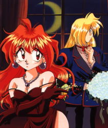 Rule 34 | 1990s (style), 1boy, 1girl, araizumi rui, bouquet, dress, earrings, flower, formal, glass, gourry gabriev, gown, jewelry, lina inverse, moon, necklace, non-web source, retro artstyle, rose, slayers, tuxedo, white flower, white rose