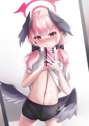 Rule 34 | 1girl, absurdres, black ribbon, black shorts, black wings, blue archive, blush, body markings, clothes lift, dolphin shorts, feathered wings, flat chest, hair ribbon, halo, head wings, highres, koharu (blue archive), looking at viewer, navel, pink eyes, pink hair, ribbon, shira jun, shirt, shirt lift, shorts, solo, white shirt, wings