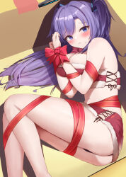 Rule 34 | 1girl, absurdres, black halo, blue archive, blush, box, breasts, fur-trimmed skirt, fur-trimmed tube top, fur trim, halo, highres, in box, in container, large breasts, long hair, looking at viewer, naked ribbon, nonoka7221, purple eyes, purple hair, red skirt, red tube top, ribbon, skirt, solo, strapless, tube top, two side up, yuuka (blue archive)