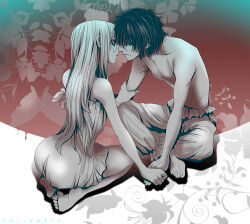 Rule 34 | 1boy, 1girl, alucard (hellsing), ass, barefoot, collarbone, commentary request, dress, floral background, hand grab, hellsing, hetero, imminent kiss, indian style, integra hellsing, limited palette, long hair, looking at viewer, sitting, skinny, strapless, strapless dress, topless male, toshimichi yukari, tube dress, wariza