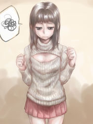 Rule 34 | 1girl, black hair, blunt bangs, breast conscious, brown eyes, cowboy shot, flat chest, fuku (mahoeshi), hair intakes, highres, long hair, meme attire, open-chest sweater, original, oversized clothes, pleated skirt, ribbed sweater, sad, skirt, solo, spoken squiggle, squiggle, sweatdrop, sweater, turtleneck