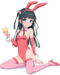 Rule 34 | 1girl, animal ears, black hair, blue eyes, blunt bangs, blush, bow, bowtie, breasts, cocktail glass, cup, detached collar, detached sleeves, drinking glass, fake animal ears, full body, hair ribbon, high heels, highleg, holding, holding cup, kimagure blue, leotard, long hair, looking at viewer, open mouth, original, pink ribbon, pink thighhighs, playboy bunny, rabbit ears, red footwear, red leotard, ribbon, shadow, shoes, simple background, sitting, small breasts, smile, solo, thighhighs, thighs, two side up, wavy mouth, white background, wine glass, wrist cuffs, yokozuwari