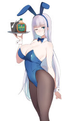 Rule 34 | 1girl, absurdres, alcohol, animal ears, black pantyhose, blue leotard, blunt bangs, bottle, breasts, cleavage, detached collar, dickbomber, fake animal ears, fake tail, highres, holding, holding tray, korean commentary, large breasts, last origin, leotard, long hair, one eye closed, pantyhose, playboy bunny, rabbit ears, rabbit tail, silver hair, simple background, solo, sowan (last origin), tail, tray, white background, wrist cuffs