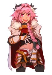 Rule 34 | 1boy, :d, absurdres, armor, astolfo (fate), black bow, black gloves, black shirt, black skirt, black thighhighs, bow, braid, buckle, cloak, clothes lift, commentary request, cropped legs, emblem, fang, fate/apocrypha, fate (series), faulds, fur-trimmed cloak, fur collar, fur trim, garter straps, gauntlets, gloves, gold trim, gorget, hair bow, hair intakes, hair over shoulder, hand up, highres, legs apart, lifting own clothes, long hair, long sleeves, looking at viewer, male focus, miniskirt, multicolored hair, navel, open mouth, pink eyes, pink hair, ringed eyes, shirt, shirt lift, simple background, single braid, skirt, skirt grab, smile, solo, standing, stomach, streaked hair, thick eyebrows, thighhighs, trap, tsurime, turtleneck, two-tone hair, white background, white cloak, white hair, zettai ryouiki