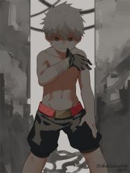 Rule 34 | 1boy, character request, copyright request, cowboy shot, feet out of frame, ikutsuki, looking at viewer, male focus, muscular, muscular child, navel, no shirt, ruins, short hair, shorts, smile, solo, topless male, white hair