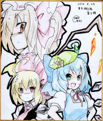Rule 34 | &gt;:d, circled 9, 3girls, :d, ahoge, alternate headwear, artist name, blonde hair, blue eyes, blue hair, blush, bow, cirno, detached wings, earlgrey, flandre scarlet, hair bow, hands on own hips, hat, ice, ice wings, multiple girls, necktie, no nose, open mouth, puffy sleeves, red eyes, rumia, shikishi, short sleeves, side ponytail, smile, star-shaped pupils, star (symbol), sweatdrop, symbol-shaped pupils, touhou, traditional media, v-shaped eyebrows, wings