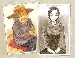 Rule 34 | age progression, commentary request, cup, grey hair, hakama, hat, hiro (chumo), japanese clothes, mole, mole under eye, old, old woman, original, photo (object), pillow, sitting, steam, sun hat, tea