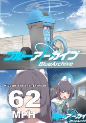 Rule 34 | 1girl, 3koma, animal ears, black gloves, black hair, blue archive, blue shirt, clenched hand, closed eyes, comic, copyright name, english text, fake animal ears, gloves, green neckerchief, halo, in trash can, long hair, long sleeves, miyu (blue archive), monchan rev3, neckerchief, open mouth, outdoors, rabbit ears, red eyes, shirt, trash can