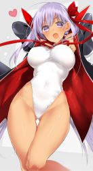 Rule 34 | 1girl, :o, absurdres, arm up, bare shoulders, bb (fate), bb (fate) (all), bb (swimsuit mooncancer) (fate), bb (swimsuit mooncancer) (third ascension) (fate), blush, breasts, cape, fate/grand order, fate (series), grey background, heart, highres, large breasts, long hair, looking at viewer, one-piece swimsuit, open mouth, purple eyes, purple hair, sino (sionori), solo, swimsuit, tan, white one-piece swimsuit