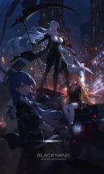 Rule 34 | 1boy, 3girls, absurdres, black gloves, black pants, blue hair, breasts, building, chulsoo kim (closers), cleavage, closers, earrings, eunha (closers), fingerless gloves, gloves, hair behind ear, hair lift, hand on own cheek, hand on own face, highres, holding, holding knife, jacket, jewelry, knife, lamppost, large breasts, long hair, looking at viewer, lucy (closers), mirae (closers), multiple girls, orange hair, outdoors, pants, pink eyes, red eyes, scythe, silver hair, sitting, skyscraper, standing, swd3e2