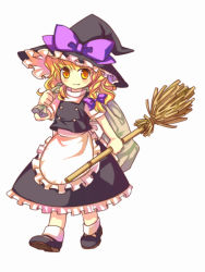 Rule 34 | 1girl, apron, bag, blonde hair, bow, braid, broom, enone, female focus, hair bow, hat, kirisame marisa, no nose, sack, side braid, simple background, smile, solo, touhou, walking, witch, witch hat, yellow eyes