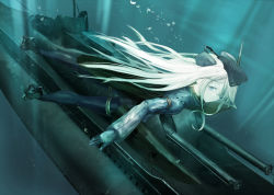 Rule 34 | 10s, 1girl, air bubble, black pantyhose, blockhead bh, blonde hair, blue eyes, bubble, cropped jacket, freediving, garrison cap, gloves, hat, kantai collection, light rays, long hair, long sleeves, looking at viewer, military, military uniform, pantyhose, puffy long sleeves, puffy sleeves, solo, submarine, swimming, u-511 (kancolle), underwater, uniform, water, watercraft