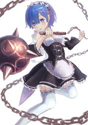 Rule 34 | 10s, 1girl, absurdres, apron, bad id, bad pixiv id, black skirt, black sleeves, blue eyes, blue hair, blush, breasts, chain, corset, detached sleeves, flail, flower, frilled apron, frilled skirt, frilled sleeves, frills, grey apron, hair between eyes, hair flower, hair ornament, hair ribbon, head wreath, highres, holding, holding weapon, looking at viewer, miniskirt, morning star, open mouth, pink ribbon, re:zero kara hajimeru isekai seikatsu, rem (re:zero), ribbon, ribbon-trimmed legwear, ribbon trim, short hair, simple background, skirt, small breasts, solo, thighhighs, waist apron, weapon, white background, white flower, white thighhighs, x hair ornament, yorishiem