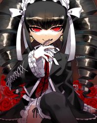Rule 34 | 1girl, artist name, bell, bell earrings, bibi (bibian0115), black jacket, black nails, black skirt, black theme, black thighhighs, blunt bangs, celestia ludenberg, claw ring, closed mouth, collared shirt, crossed legs, danganronpa: trigger happy havoc, danganronpa (series), drill hair, earrings, female focus, flat chest, flower, frilled hairband, frilled jacket, frilled skirt, frilled sleeves, frilled thighhighs, frills, gothic lolita, hair ribbon, hairband, half-closed eyes, hand up, happy, highres, jacket, jewelry, lolita fashion, long hair, long sleeves, looking at viewer, miniskirt, nail polish, neck ribbon, necktie, open clothes, open jacket, red eyes, red flower, red neckwear, red rose, ribbon, ribbon-trimmed legwear, ribbon trim, rose, shirt, signature, sitting, skirt, smile, solo, straight-on, thighhighs, twin drills, twintails, twitter username, white hairband, white ribbon, white shirt, wide sleeves