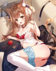 Rule 34 | 1girl, :d, animal ear fluff, animal ears, ass, bad id, bad twitter id, bare arms, bare shoulders, bikini, black choker, blue shorts, bow, breasts, brown hair, cat ears, cat girl, cat tail, choker, cleavage, crop top, cutoffs, fang, frilled bikini, frills, hair bow, long hair, looking at viewer, medium breasts, micro shorts, midriff, navel, omelet tomato, open mouth, orange eyes, original, polka dot, polka dot bikini, red bikini, shirt, short shorts, shorts, sleeveless, sleeveless shirt, smile, solo, spaghetti strap, strap slip, swimsuit, tail, thighhighs, thighs, two side up, white shirt, white thighhighs, yarn, yarn ball