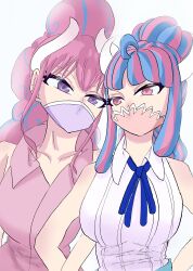 Rule 34 | absurdres, angry, blue hair, breasts, cape, demon horns, dress, happy, high-waist skirt, high heels, highres, horns, large breasts, long hair, mask, mouth mask, multicolored hair, multiple girls, neck ribbon, one piece, pink dress, pink eyes, ponytail, purple eyes, ribbon, shirt, siblings, skirt, solo focus, sorambk, striped, striped clothes, striped shirt, thighs, ulti (one piece), very long hair, white background, white shirt