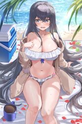 Rule 34 | 1girl, absurdres, bare shoulders, beach, beach mat, bikini, black hair, blue eyes, breasts, bright pupils, brown jacket, cleavage, coffee, coffee mug, collarbone, cooler, cup, day, fang, feet out of frame, frilled bikini, frills, hand up, highres, huge breasts, jacket, long hair, long sleeves, looking to the side, mole, mole under eye, mug, multi-strapped bikini bottom, navel, off shoulder, open clothes, open jacket, open mouth, original, outdoors, petals, pong 0012, sitting, solo, stomach, strapless, strapless bikini, string bikini, swimsuit, thighs, very long hair, wet, white bikini