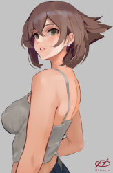 Rule 34 | 1girl, alternate costume, artist logo, barefoot, breasts, brown eyes, earrings, flipped hair, grey background, haruto (harut n), jewelry, kantai collection, large breasts, mutsu (kancolle), one-hour drawing challenge, parted lips, short hair, solo, tank top, upper body