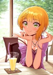 Rule 34 | 10s, 1girl, :3, bad id, bad pixiv id, bendy straw, blonde hair, blush, bracelet, breasts, cafe, chair, cleavage, closed mouth, coaster, collarbone, cup, drink, drinking glass, drinking straw, eyebrows, eyelashes, fingernails, floral print, green eyes, head rest, heart, heart necklace, highres, idolmaster, idolmaster cinderella girls, jewelry, lace trim, lips, long fingernails, looking at viewer, miyamoto frederica, necklace, off shoulder, omaru gyuunyuu, on chair, shade, sharp fingernails, short hair, sitting, small breasts, smile, solo, strap slip, table, tree, upper body, wide-eyed