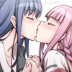 blue_hair blush braid casual closed_eyes french_kiss hime_cut holding_hands kamihama_university_affiliated_school_uniform kiss long_hair magia_record:_mahou_shoujo_madoka_magica_gaiden mahou_shoujo_madoka_magica nanami_yachiyo open_mouth pink_hair saliva saliva_trail school_uniform studiozombie tamaki_iroha tongue tongue_out yuri