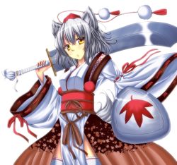 Rule 34 | 1girl, animal ears, bare shoulders, breasts, detached sleeves, hat, inubashiri momiji, japanese clothes, kourindou tengu costume, looking at viewer, pom pom (clothes), shield, short hair, silver hair, simple background, solo, sword, tail, tokin hat, touhou, weapon, weapon bag, white background, white legwear, wide sleeves, wolf ears, wolf tail, yellow eyes