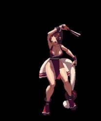 Rule 34 | 1girl, animated, animated gif, artist request, bare shoulders, bouncing breasts, breasts, brown eyes, brown hair, chinese clothes, cleavage, curvy, fan, fatal fury, hair ribbon, large breasts, pixel art, ponytail, ribbon, shiranui mai, smile, smug, snk, solo, the king of fighters, thick thighs, thighs, wide hips, wristband