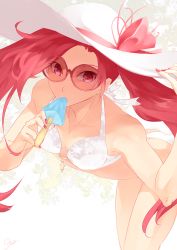 Rule 34 | 1girl, alternate costume, alternate hair color, alternate hairstyle, artistic error, bikini, breasts, earrings, eating, food, glasses, hat, ice cream, jewelry, jinx (league of legends), league of legends, long hair, magical girl, popsicle, red eyes, red hair, small breasts, solo, star guardian (league of legends), star guardian jinx, stud earrings, swimsuit, twintails, white bikini, white hat