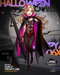 Rule 34 | 1girl, as109, bat (animal), blonde hair, bodysuit, bone, bow, breasts, browning m1919, cape, clothing cutout, cosplay, fangs, fingernails, full body, girls&#039; frontline, gluteal fold, gun, hair bow, hair ornament, halloween, halloween costume, hand on own chest, holding, holding weapon, leotard, long fingernails, looking at viewer, m1919a4 (carmilla) (girls&#039; frontline), m1919a4 (girls&#039; frontline), machine gun, medium machine gun, nail polish, navel, navel cutout, official alternate costume, official art, open mouth, red bow, skin tight, skull, small breasts, solo, thigh gap, vampire, walking, weapon, wind, wrist cuffs