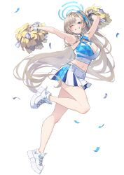 Rule 34 | 1girl, absurdres, armpits, arms up, asuna (blue archive), asymmetrical bangs, baffu, bare shoulders, blue archive, blue eyes, blue panties, blush, breasts, cheerleader, cleavage, confetti, crop top, full body, grin, hair over one eye, halo, highres, holding, large breasts, leg up, light brown hair, long bangs, long hair, looking at viewer, midriff, millennium cheerleader outfit (blue archive), miniskirt, navel, one eye closed, panties, pom pom (cheerleading), shirt, shoes, simple background, skirt, sleeveless, sleeveless shirt, smile, sneakers, solo, standing, standing on one leg, underwear, very long hair, white skirt