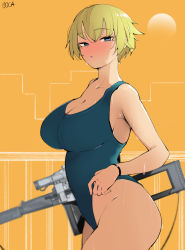 Rule 34 | 1girl, ass, blonde hair, blue eyes, blue one-piece swimsuit, blush, boca, breasts, cleavage, competition swimsuit, covered erect nipples, girls&#039; frontline, gun, highres, holding, holding gun, holding weapon, looking at viewer, mole, mole under eye, one-piece swimsuit, parted lips, rifle, short hair, sniper rifle, solo, swimsuit, vsk-94 (girls&#039; frontline), weapon, wet
