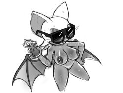 Rule 34 | 1girl, animal ears, animal nose, bat ears, bat girl, bat wings, breasts, cleft of venus, cocktail umbrella, collarbone, cowboy shot, cropped legs, cup, drink, drinking glass, female focus, furry, furry female, greyscale, hand on own hip, hand up, happy, holding, holding drink, holding drinking glass, ice, ice cube, large breasts, legs apart, looking at viewer, monochrome, navel, nipples, nude, open mouth, pussy, rockthebull, rouge the bat, shiny skin, short hair, simple background, sketch, smile, solo, sonic (series), standing, sunglasses, sweat, thighs, uncensored, white background, wide hips, wings