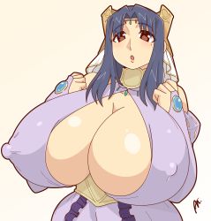 Rule 34 | 1girl, an itari, artist name, artist request, bare shoulders, breasts, bridal gauntlets, brown eyes, circlet, cleavage, covered erect nipples, detached sleeves, dress, female focus, forehead, forehead jewel, frilled dress, frills, gigantic breasts, hands up, headdress, highres, huge nipples, jewelry, kyonyuu fantasy, looking at viewer, mole, mole under eye, open mouth, purple dress, roxanne de desir, shiny skin, simple background, solo, upper body, veil