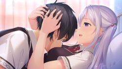 Rule 34 | 1boy, 1girl, :d, arima kyouya, asamori mitsuki, between breasts, black hair, black vest, boku no mirai wa koi to kakin to, boy on top, breasts, collared shirt, couple, food-themed hair ornament, game cg, hair ornament, hand in another&#039;s hair, head between breasts, hetero, highres, long hair, lying, medium breasts, necktie, nironiro, on back, open mouth, profile, purple eyes, red neckwear, school uniform, shirt, short hair, short sleeves, silver hair, smile, strawberry hair ornament, twintails, upper body, very long hair, vest, white shirt, wing collar