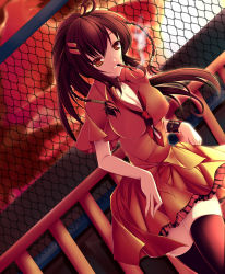 Rule 34 | 1girl, absurdres, bad id, bad pixiv id, black thighhighs, breasts, brown eyes, brown hair, chain-link fence, cigarette, evening, female focus, fence, highres, long hair, mea (brunhilde), minakami yuki, necktie, outdoors, ponytail, sky, smoking, solo, subarashiki hibi, thighhighs