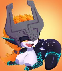 Rule 34 | 1girl, ass, breasts, colored skin, cum, cum on ass, glowing markings, helmet, highres, huge ass, large breasts, midna, monster girl, multicolored skin, nintendo, squatting, the legend of zelda, two-tone skin